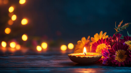 A single Diwali diya oil lamp with a flickering flame sits on a wooden table with a bouquet of flowers in the foreground. The background is blurred with bokeh lights, creating a warm and festive ambia