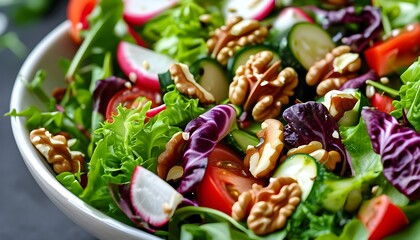 Vibrant close-up of fresh mixed greens salad adorned with crunchy walnuts