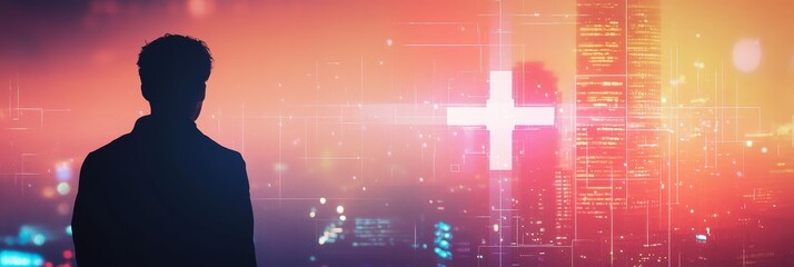 A web developer silhouetted against a vibrant gradient background, symbolizing the exciting and boundless future of technology, innovation, growth, and potential.