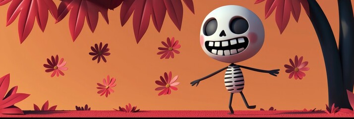 Poster - Cartoon Skeleton Walking in a Flower Field