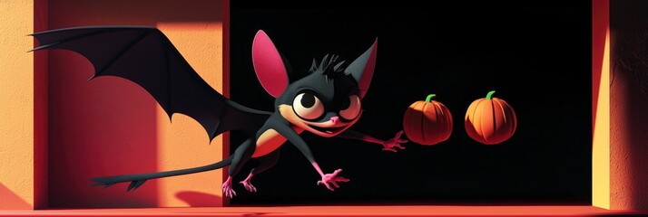 Poster - Cartoon Bat Holding Pumpkins