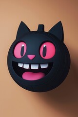 Poster - 3D Cartoon Black Cat Pumpkin with Pink Eyes and Grinning Teeth