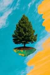 Poster - Minimalist Artwork of a Tree Growing from a Microchip with Vibrant Sky Background