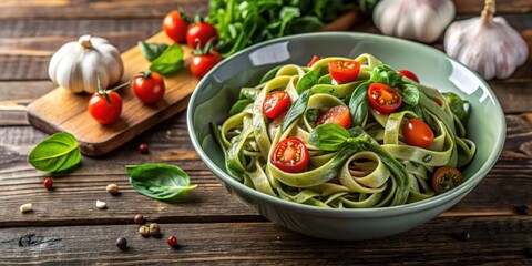 Wall Mural - Green spinach pasta with tomatoes, fresh herbs, and garlic in a white bowl on a wooden table, vegan, healthy, plant-based, pasta