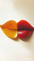 Poster - Minimalist Bright Concept Autumn Leaves Forming Lips on Light Background