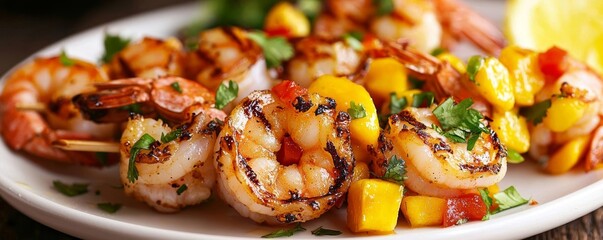 Grilled shrimp skewers with mango salsa on a white plate.