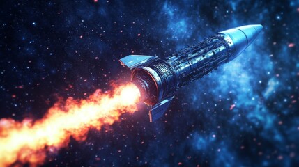 Fototapete - The image shows a sleek rocket soaring through space, leaving a trail of flames amid twinkling stars and cosmic dust, showcasing human innovation.