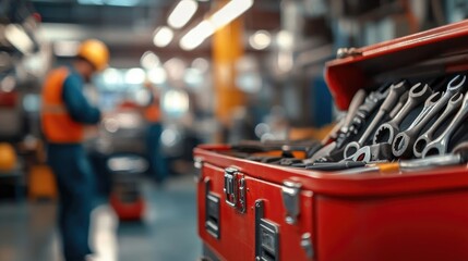 Auto Shop Scene Featuring Red Tool Chest with Tools