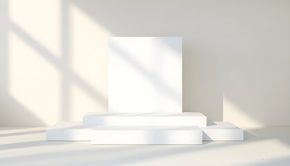 Wall Mural - Sleek minimalist podium illuminated by sunlight, creating striking shadows on a pristine white wall, ideal for showcasing products or branding elements