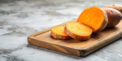 Sliced raw sweet potato on wooden cutting board on marble background , food, healthy, vegetable, nutrition, cooking, kitchen