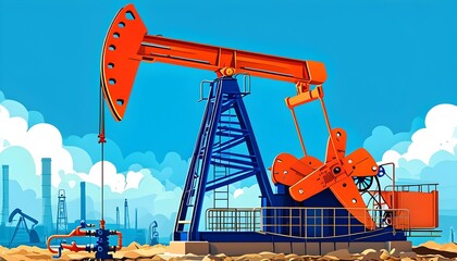 Vibrant oil pump jack illustration symbolizing energy and industrial production against a blue backdrop