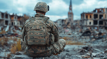 soldier amidst the remnants of battle, seeking solace in the devastation around him. This poignant scene symbolizes resilience, reflection, and the quest for peace amidst chaos