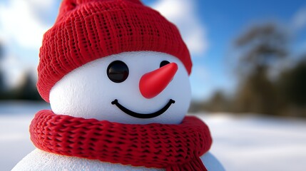 Wall Mural - A close-up of a snowman's face, wearing a red knitted hat and scarf, against a blue sky background.