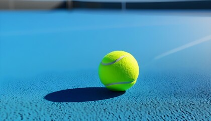 Vibrant tennis ball on blue hard court showcasing striking yellow contrast