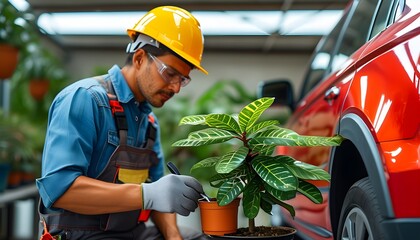 Worker in hard hat nurturing potted plant beside red car, showcasing commitment to environmental care and sustainable practices