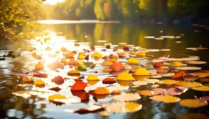 Natural mandala of colorful leaves floating in a circle on a serene lake