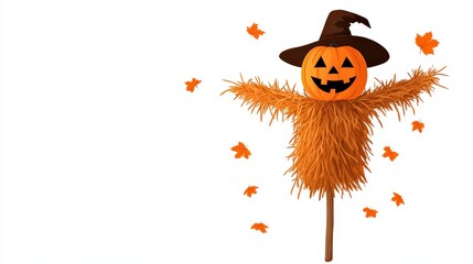 Halloween scarecrow with a pumpkin head and a witch hat, white isolate background.