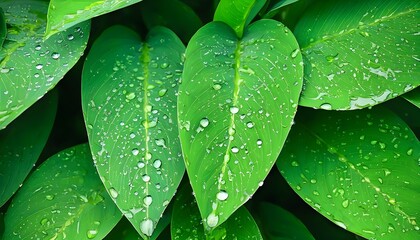 Canvas Print - Lush green leaves adorned with glistening dew droplets, capturing the essence of natures freshness and intricate details