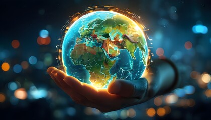 Wall Mural - Futuristic depiction of a glowing Earth held in hands, representing global connectivity and technological advancement