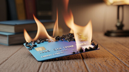 A credit card engulfed in flames, symbolizing financial crisis and economic struggles.