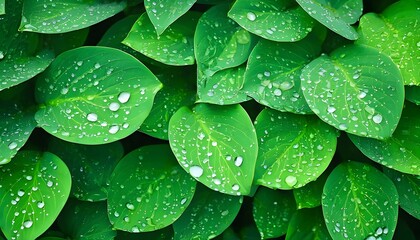 Canvas Print - Lush green leaves adorned with glistening dew droplets, capturing the essence of natures freshness and intricate details