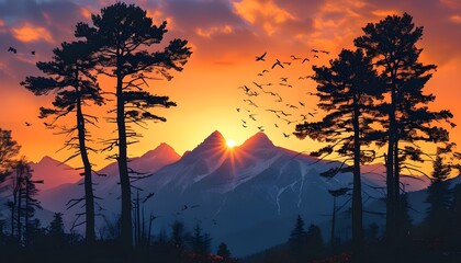 Serene sunset illuminating majestic mountains, framed by towering tree silhouettes and a tranquil sky alive with birds.