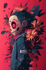 Person with a Sugar Skull Face Surrounded by Red Flowers