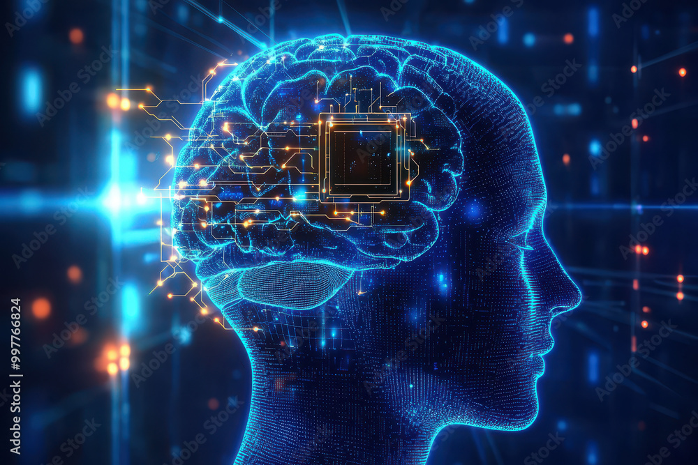 Human brain with implanted neural link chip implanted, Neural ...