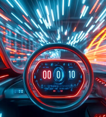 Canvas Print - a futuristic the steering wheel sense of speed or motion as of the vehicle is moving through a neon-lit tunnel or digital space.