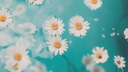 Delicate white daisies are peacefully floating on tranquil turquoise water, creating a calming effect in the afternoon light