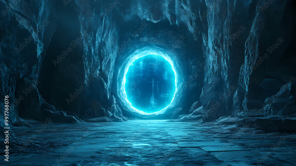 Mysterious glowing blue portal in a dark, ancient stone structure ...