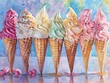 © Pakim - A colorful display of ice cream cones topped with swirls of various flavors against a pastel background, evoking a sense of joy and summer delight.