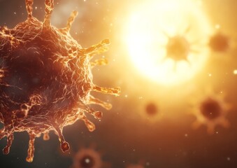 Fototapete - Microscopic View of Viral Particles Against a Glowing Sun, Metaphorically Linking the Spread of an Epidemic with Sunlights Reach