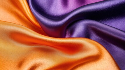 The satin fabric displays vibrant orange and purple folds, showcasing a rich blend of colors and smooth textures that enhance visual appeal