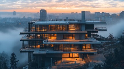 Futuristic house under construction with steel frames, AI-controlled machinery in the foreground, holographic blueprints floating above, science fiction atmosphere, vibrant lighting