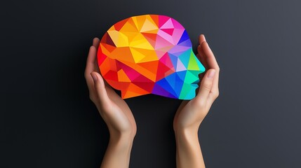 Sticker - Hands gently holding a colorful polygonal head profile against a dark background.