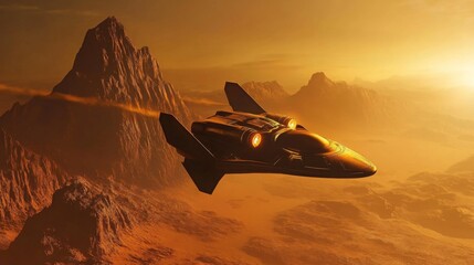 Fototapete - A futuristic spaceship flies over a red planet, with mountains in the distance. The sun is setting, casting an orange glow on the landscape.