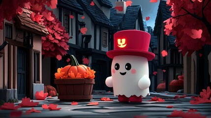 Poster - Cute Ghost Character in Autumn Town with Pumpkins