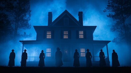 A mysterious scene featuring ominous silhouettes in front of a haunted house, shrouded in eerie blue fog.