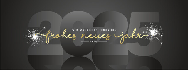 Sticker - We wish you Happy New Year 2025 on German language, modern design, golden new updated handwritten lettering with black 2025 year mirrored shadow in background and white sparkler firework