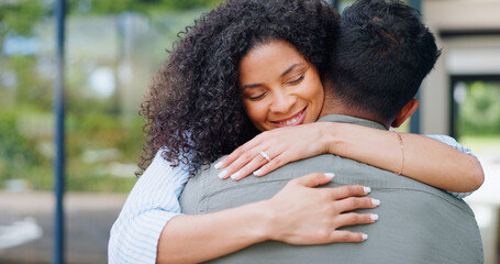 Poster - Love, happy and couple in home hug for bonding, commitment and relationship. Marriage, support and man and woman embrace for trust, affection and romance in new house, property or apartment together