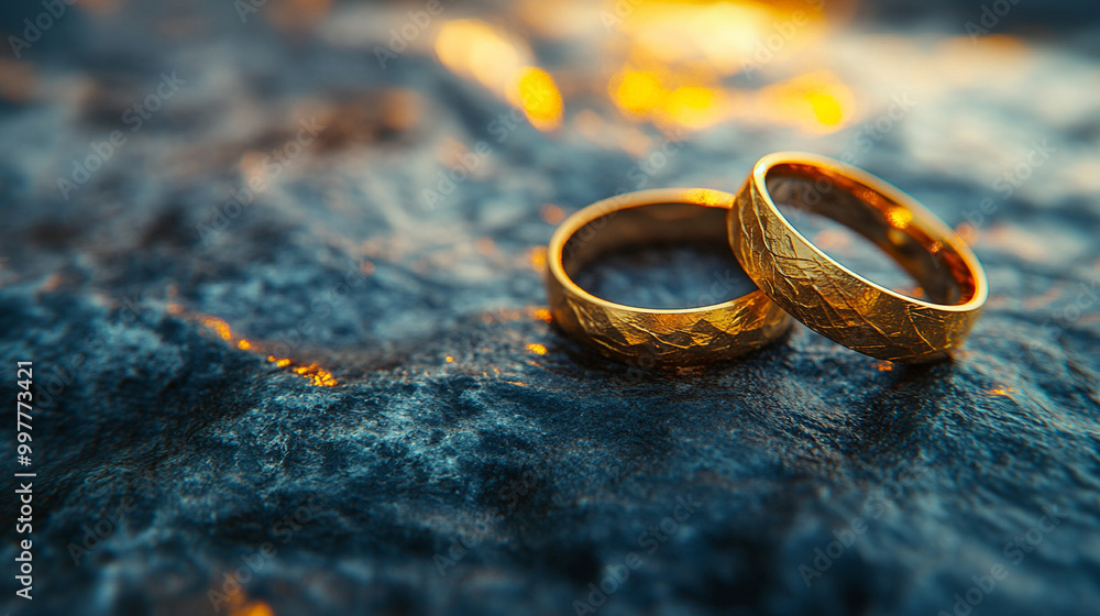 close-up shot of two gold wedding rings resting on textured fabric ...