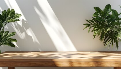 Artistic interplay of wooden table shadows against a blank white wall accented by delicate plant silhouettes