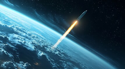 Fototapete - A rocket ascends powerfully from Earth's atmosphere, leaving a trail of fire and smoke. The curvature of the planet is visible, surrounded by a starry expanse in twilight.
