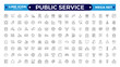 © artshuvo - Public service Outline icon collection set. Containing policy, needs, community, government employee, public finance, interest, volunteer, Gas, electricity, and water. Editable stroke outline icon.