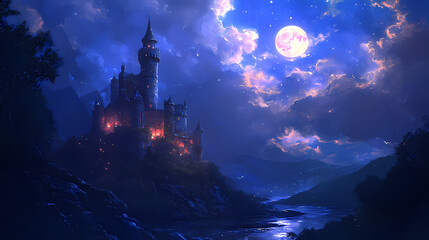 The sword of the moonlit castle, fantasy art, moonlit castle, night sky, sword, castle, night, moon, stars. Wizard's Tower. Illustration