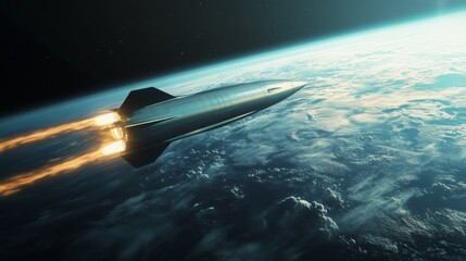 Fototapete - A silver spacecraft with a pointed nose is seen ascending from the Earth. It is leaving a trail of orange fire from its engines