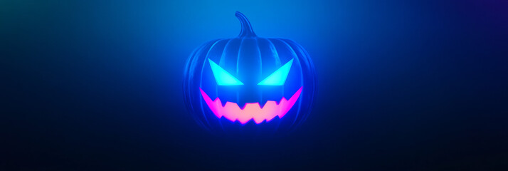 Poster - Neon blue and pink pumpkin jack-o'-lantern.