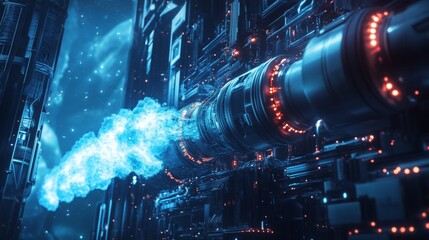 Aufkleber - A complex energy reactor showcases intricate machinery illuminated by blue plasma, set within a futuristic environment