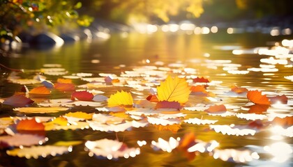 Serene autumn stream adorned with floating leaves in vibrant fall colors